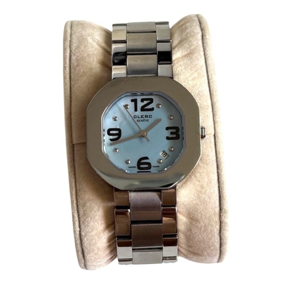 Clerc C-One Ladies Blue Mother of Pearl Swiss Geneve Octagon Case Steel Watch